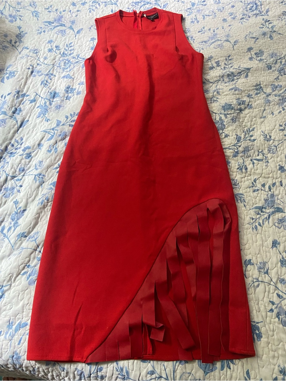 Sleeveless Red Midi Dress with Asymmetric Fringe Detail